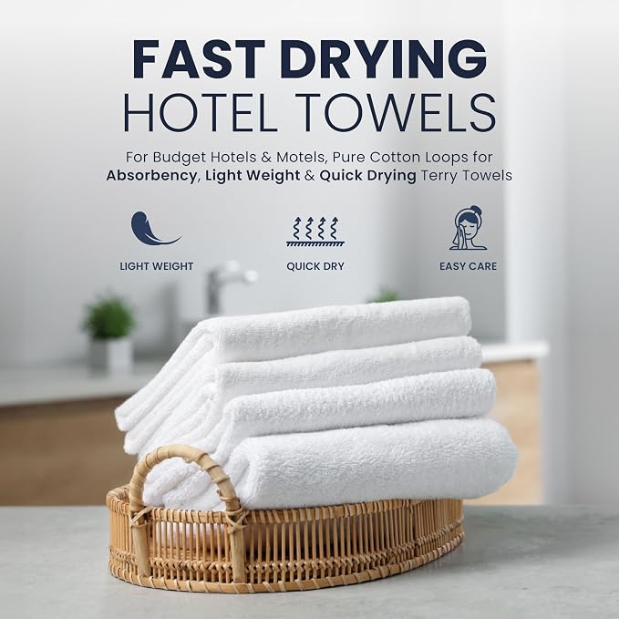 belem Fast Drying Hotel Towels - Pack of 60 (24x48) White Large Bath Towels Bulk - Lightweight, Super Absorbing, Soft & Durable Terry Towels for Commercial & Hotel Use - 8 lbs/Dozen (010603)