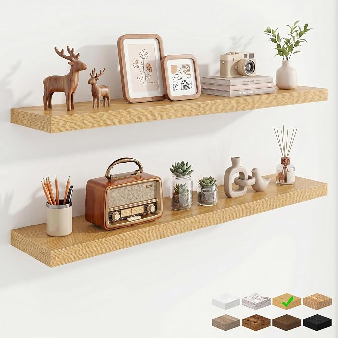 Marsmiles 9.25in Depth 48in Floating Shelves, 48x9.25x1.4, Oak, Set of 2 | Long Wall Mounted Engineered Wood Shelves with Invisible Brackets for Living Room, Bedroom, Bathroom, Kitchen