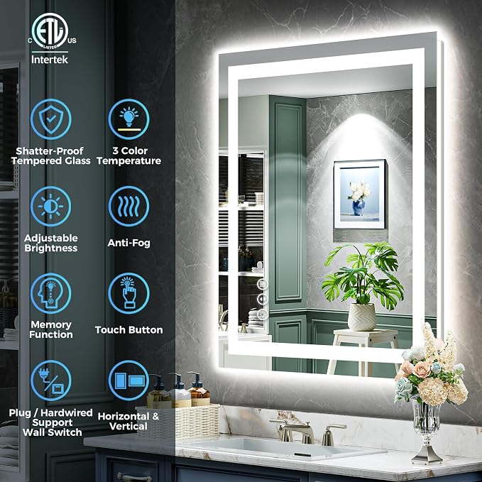 40x38 Inch LED Bathroom Mirror with Lights Front and Backlit Lighted Vanity Mirror for Bathroom Wall with 3 Colors Dimmable Anti-Fog Memory Shatter-Proof IP54 Waterproof Horizontal/Vertical
