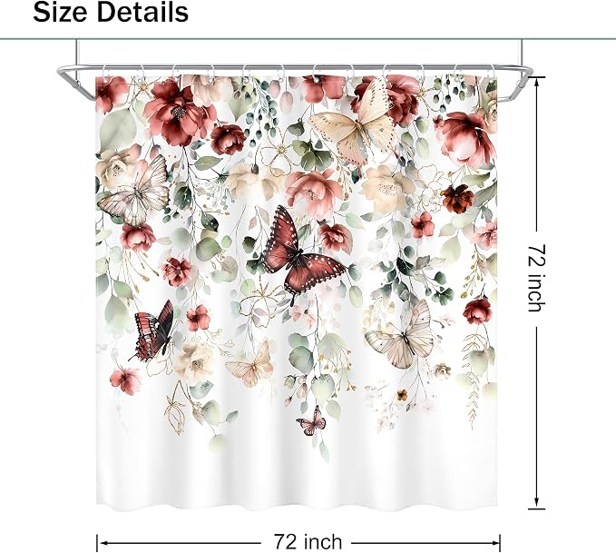 Red Floral Butterfly Summer Spring Plant Bathroom Shower Curtain Set | 72"W x 72"L Natural Gold style, clear shower print, fast-dry fabric and hooks for a simple bath update.