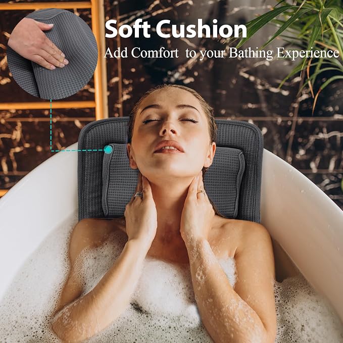 AEROiVi Full Body Bath Pillow Adjustable Lumbar Pillow 14 Suction Cups Gray | Relaxing Soft Bathtub Cushion with laundry bag 3D Air Mesh Fit Any Tub Bathroom Accessories Washable Quick-Dry