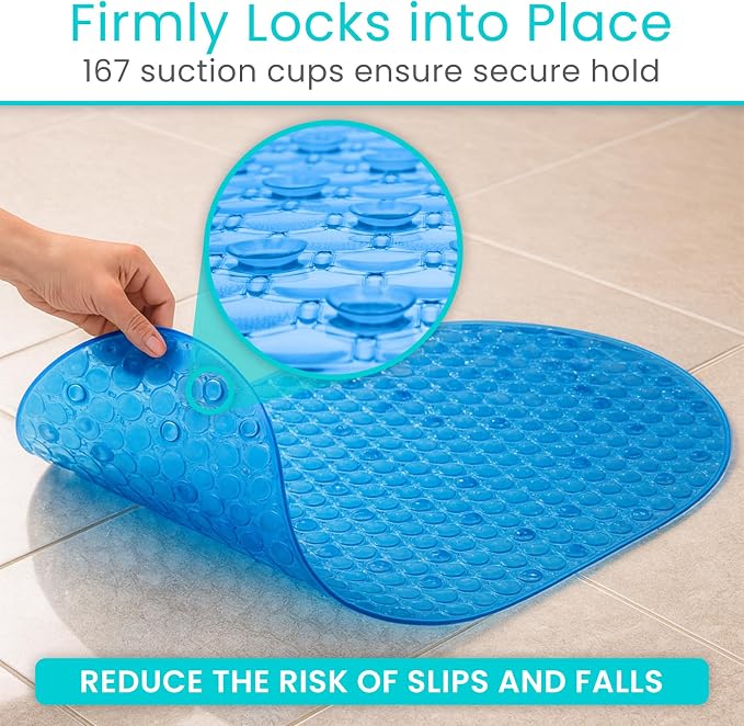 Vive Oval Bathtub Mat - Nonslip Shower Floor Pad - Non-Slip and Non-Skid | For Bath Tub with Strong Rubber Suction Cup Grip - for Baby, Elderly, Kids, Bathroom (Blue)