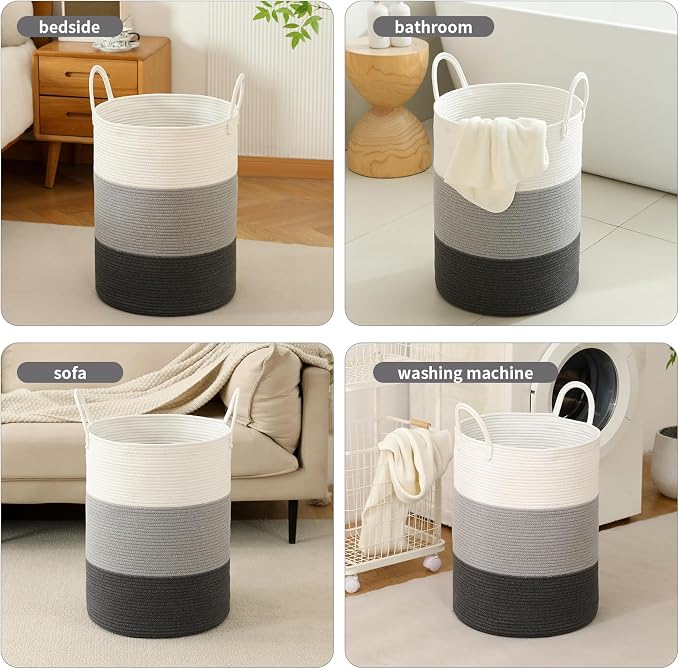 Laundry Basket Hamper Tall Rope Storage Woven for Blanket toys Dirty Clothes in Living Room Bathroom Bedroom (Gradient Grey, 60L/15.8Gal)