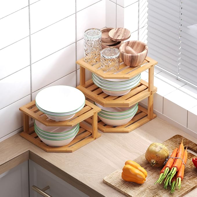 VERTORGAN 2 Tier Bamboo Corner Shelf 3 Pack Plate Organizer Kitchen | Pantry Storage,Dish Rack,Spice Rack,Corner Organizer,Kitchen Counter Shelves,Kitchen Storage,Holds Plates