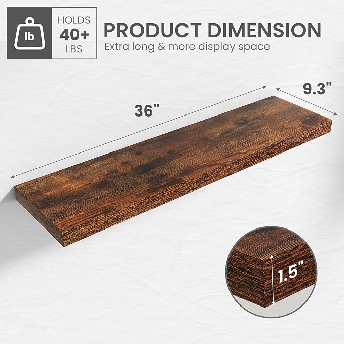 36 in Floating Shelves for Wall Decor Color Brown,Pack 2 | Modern floating shelves for living room,bedroom,kitchen and bath.Organize & display books,photos and decor.easy mount,sturdy.