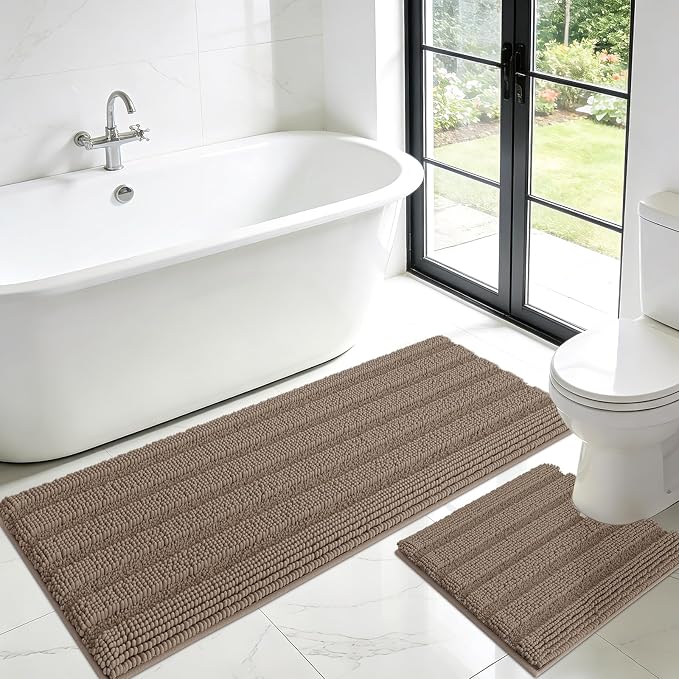 Striped Dark Beige Toilet Bathroom Rug Mat Set 2 piece Rug Ultra Soft, Non Slip Chenille Bath Rugs, Absorbent Plush Shaggy Bath Mats for Bathroom, Bedroom, Kitchen, Shower, Tub,Taupe