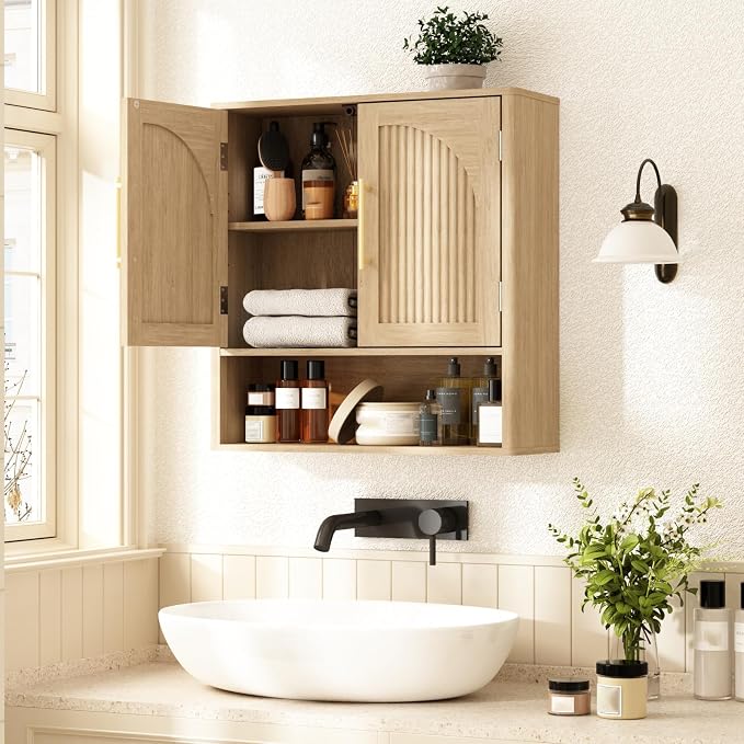 RUSTOWN Fluted Bathroom Wall Cabinet with Arched Doors & Rounded Edges | Over The Toilet Storage Cabinet with Adjustable Shelf, Mid Century Modern Medicine Cabinets, Laundry & Kitchen Shelving Unit