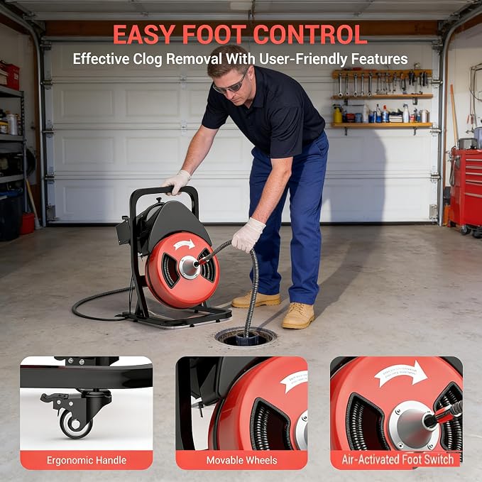 50FTx1/2 Inch Drain Cleaner Machine with Wheels, Sewer Snake Electric Drain | Plumbing Snake Auger Cleaner for 2" to 4" Pipes with 6 Cutter & Foot Switch for Sewer, Sink, Toilet, Bathroom