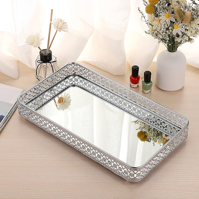 ELLDOO Silver Mirror Glass Perfume & Makeup Vanity Tray, Large Size | Hollow-Carved Jewelry Storage, Metal Trinket Organizer for Dresser Bathroom Countertop Home Decor
