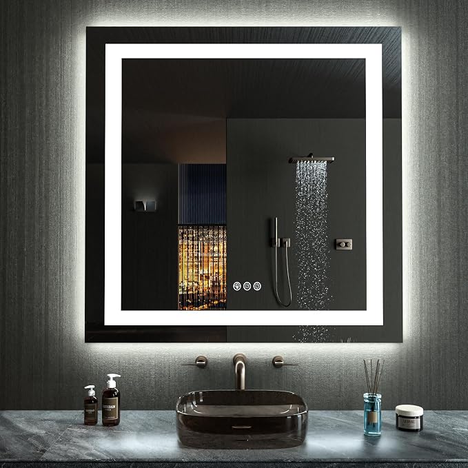 LOAAO 38"X38" LED Bathroom Mirror with Lights, Anti-Fog, Dimmable, RGB Backlit + Front Lighted, Bathroom Vanity Mirror for Wall, Memory Function, Waterproof, Tempered Glass | Anti-Fog, Dimmable, RGB Backlit + Front Lighted, Memory Function, Tempered Gl...