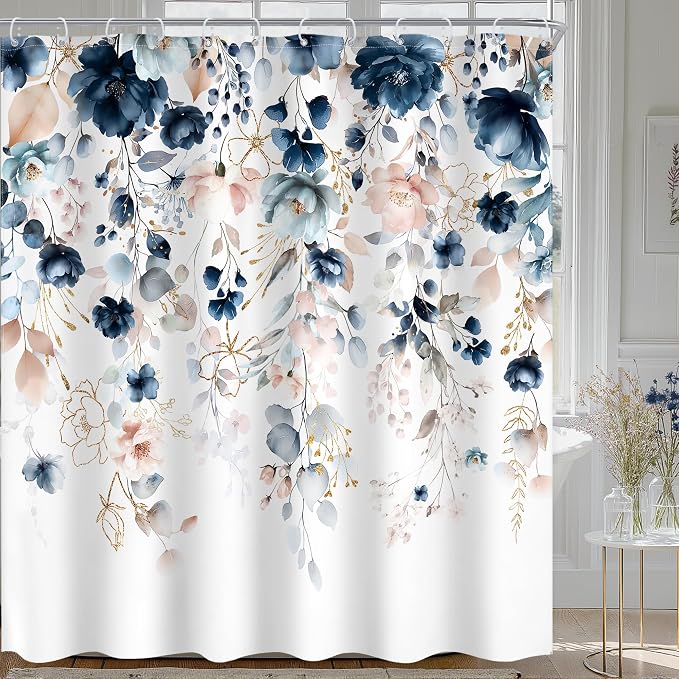 Extra Long Flower Spring Blue Pink Bathroom Shower Curtain Set | 72"W x 78"L Floral Wilfflower look, waterproof HD printed shower curtain, quick-dry fabric and free hooks.