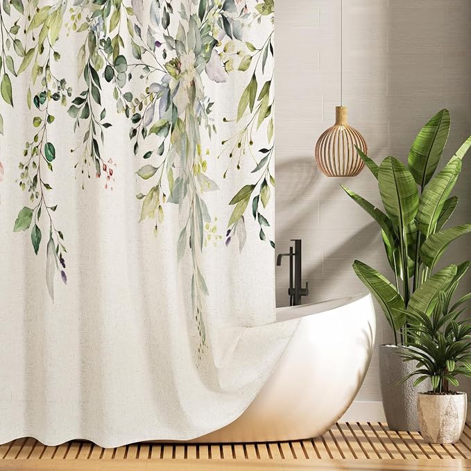 SageGreen Linen Eucalyptus Shower Curtain, Watercolor Floral, 72x78 | Watercolor Plant Leaves Floral Print, Polyester Linen Blend Bathroom Decor, Machine Washable, Rustproof Grommets