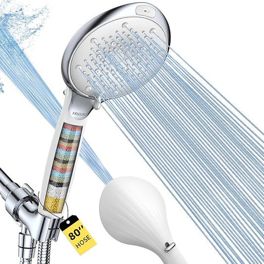 Filtered Shower Head with Handheld, 8 Spray Modes, Silver White | 80" Long Stainless Hose, Built-in Power Wash, Water Softener Filter Beads for Hard Water - Remove Chlorine, Reduce Dry Skin