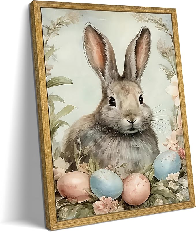 Easter Bunny Wall Art, Vintage Rabbit Canvas Wall Decor, Easter Eggs Poster Print Picture, Spring Farmhouse Animal Painting for Living Room Bedroom Kitchen Holiday Home Decor 12x16 Inch Wood Framed