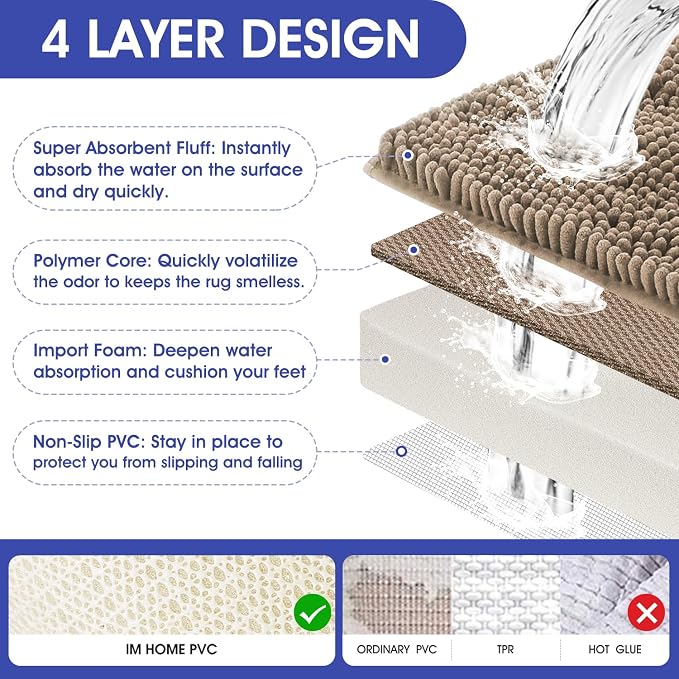 Striped Dark Beige Bathroom Rug Mat 48"x17" Ultra Soft, Non Slip Chenille Bath Rugs, Absorbent Plush Shaggy Bath Mats for Bathroom, Bedroom, Kitchen, Shower, Tub,Taupe