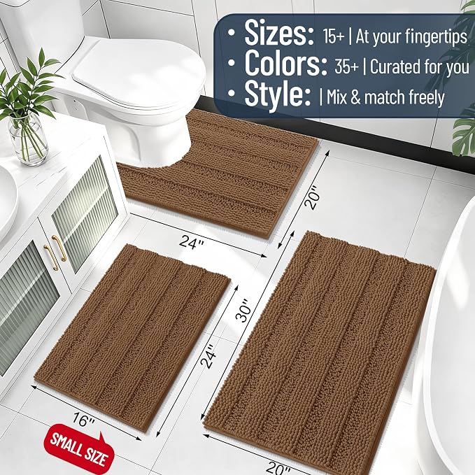 Smiry Thick Small Chenille Bathroom Rugs 24x16, Absorbent Bath Mat, Mocha | Quick‑Dry & Machine Washable, Non‑Slip Bath Carpet, Soft Striped Bath Rugs for Tub & Shower, Modern Home Decor Accessories