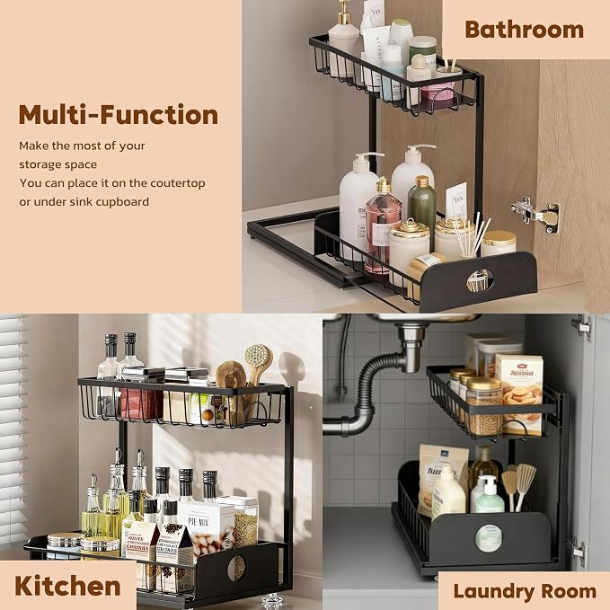 Under Sink Organizer, 2 Pack Under Kitchen Cabinet Organizer, Height Adjustable Pull Out Mute Slide-Out 2 Tier Metal Under Sink Storage for Bathroom, Pantry, Kitchen & Bedroom (Black, 2 Pack)