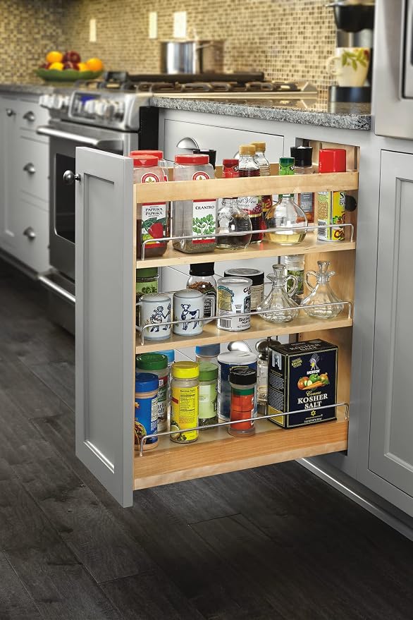 Rev-A-Shelf Maple Pullout Organizer w/Blum Soft-Close for Base Cabinets, Full Extension Slides & Adjustable Shelves, Min Opening Width of 8.5", 448-BCSC-8C
