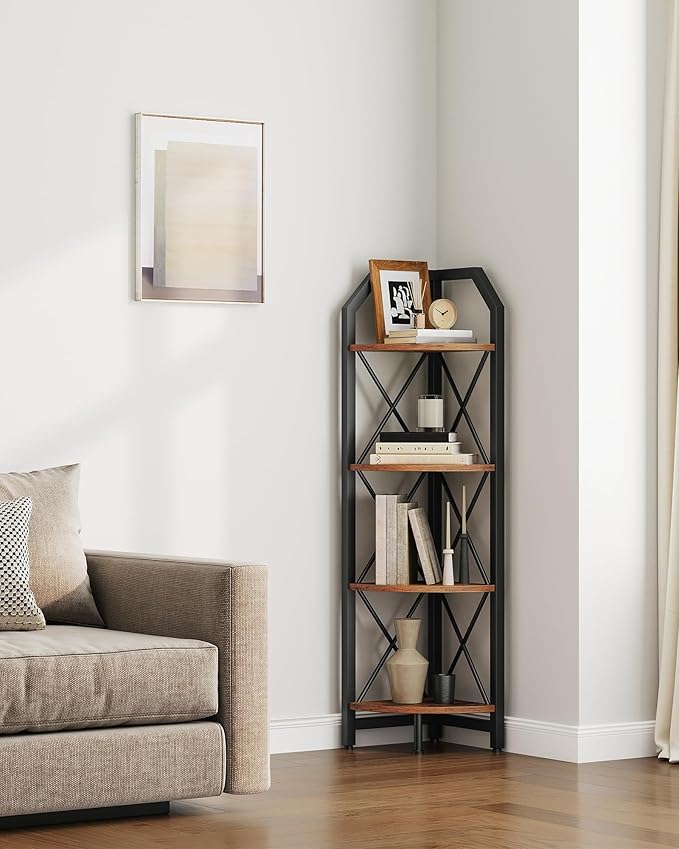 47.6" Corner Shelf, 4-Tier Industrial Corner Bookshelf, Corner Storage Stand, Corner Bookcase for Bedroom, Living Room, Home Office, Rustic Brown and Black TCJ09BF