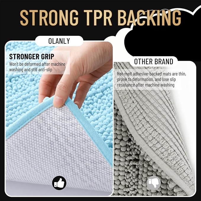 OLANLY Thick Bathroom Rugs 30x20, Soft Chenille Striped Bath Rugs, Sky Blue | Rubber Backing, Machine Wash, Extra Absorbent Bath Mats for Bathroom Floor, Tub and Shower, Home Decor Accessories