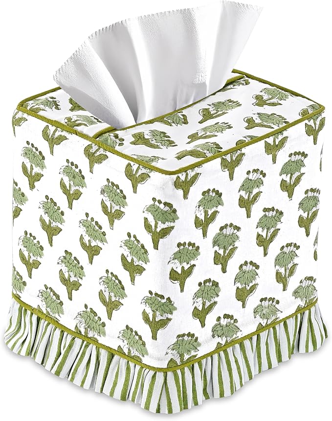 CPC Emerald Green Hand Block Print Cotton Ruffle Tissue Box Cover 4.5"x4.5"x5"Inch, Square Decorative Tissue Holder Cover for Bathroom, Living Room, Bedroom, Home Décor, Vanity, Car Gift for Summer