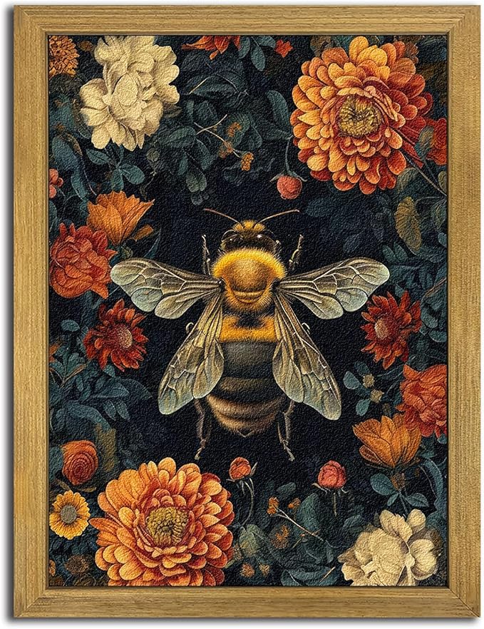 Framed Hand Drawn Sandstone Bee Wall Art, 3D Textured Nature Botanical Wall Decor Pictures, Dark College Vintage Flowers Print Painting for Living Room Bedroom Kitchen Home Decor 16x24inch