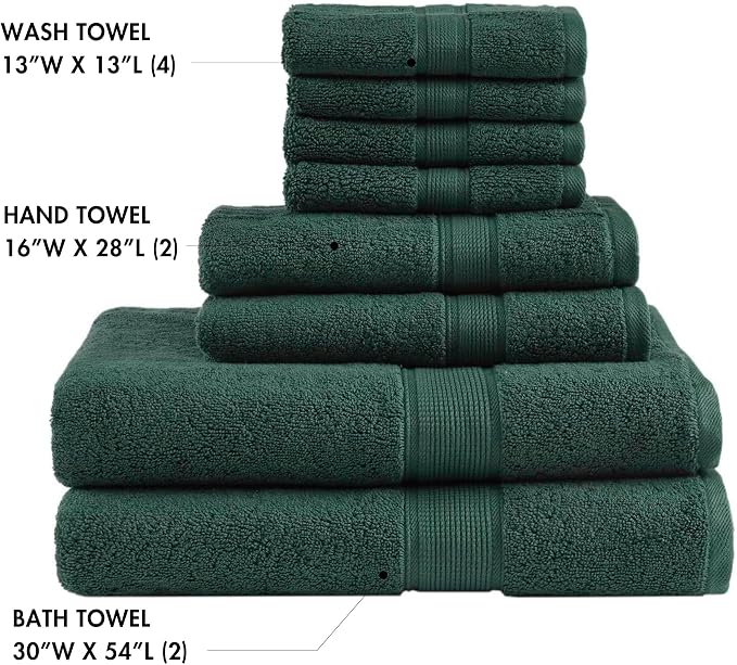 Madison Park 800GSM 100% Cotton Bathroom Bath Towel Set of 8, Dark Green | Long Staple, Highly Absorbent, Durable Hotel Spa Quality, Quick Dry, Double Stitched Hems, Lint Reducing, OEKO-TEX Certified