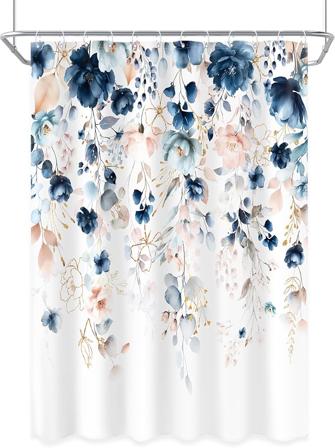 Small Stall Flower Blue Pink Spring Bathroom Shower Curtain Set | 54"W x 78"L Floral Wilfflower design with waterproof HD artwork, quick-dry fabric and hooks for easy hanging.