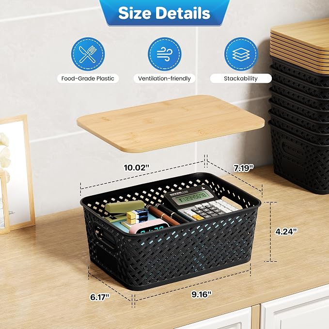 Anysig 8 Pack Plastic Storage Bins with Bamboo Lids, 5.2 QT Stackable Bins | Decorative Small Storage Basket Containers for Organizing Shelves Office Classroom Desktop Closet, Black