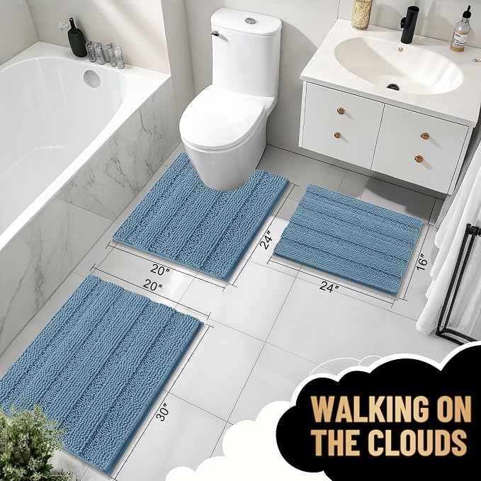 OLANLY Thick Large Bathroom Rugs 40x24, Soft Chenille Bath Rugs, Airy Blue | Absorbent Striped, Rubber Backing, Machine Wash Dry, Bath Mats for Bathroom Floor, Tub and Shower, Home Decor Accessories