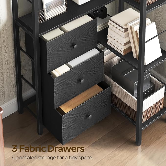 Corner Bookshelf, 7 Tier L-Shaped Bookcase with 3 Drawers, Storage Corner Shelf, Freestanding Tall Display Shelf, Industrial Style, for Living Room, Home Office, Black SJ10BB