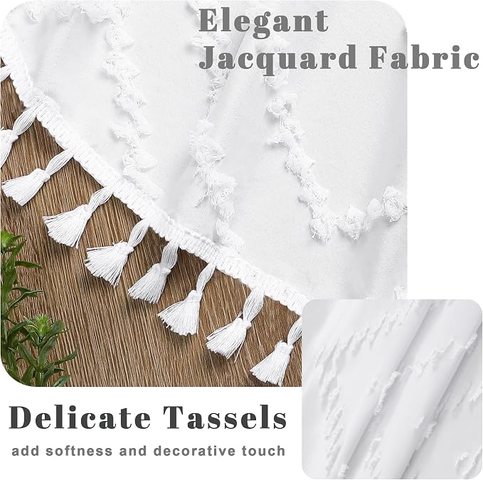 White Fabric Shower Curtain, Boho Shower Curtains for Bathroom Chic Tufted Chevron Striped Textured with Tassel, Soft Hotel Style Farmhouse, Machine Washable, 72x78, White