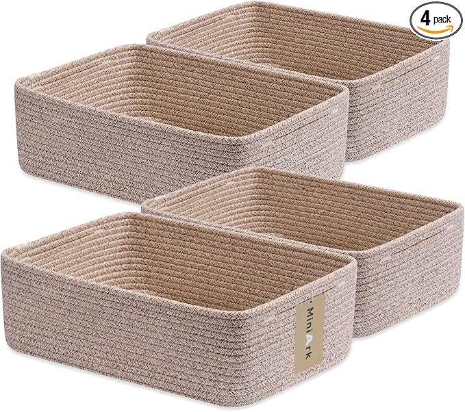MiniArk Large Shallow Organizing Baskets 15x11x5.1 Inches - Rope Woven Storage Bins for Bathroom, Shelves, Cube Closet, Mixed Brown 4 Packs