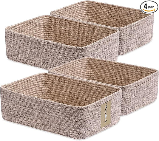MiniArk Large Shallow Organizing Baskets 15x11x5.1 Inches - Rope Woven Storage Bins for Bathroom, Shelves, Cube Closet, Mixed Brown 4 Packs