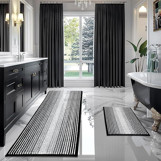 Bathroom Rugs and Mats Sets, 2 Piece Thick Absorbent Chenille Bath Mat Rug Set Non Slip, Soft Shaggy Bath Room Floor Mats for Bathroom, Machine Washable (Black, 20" x 60" Plus 20" x 32")