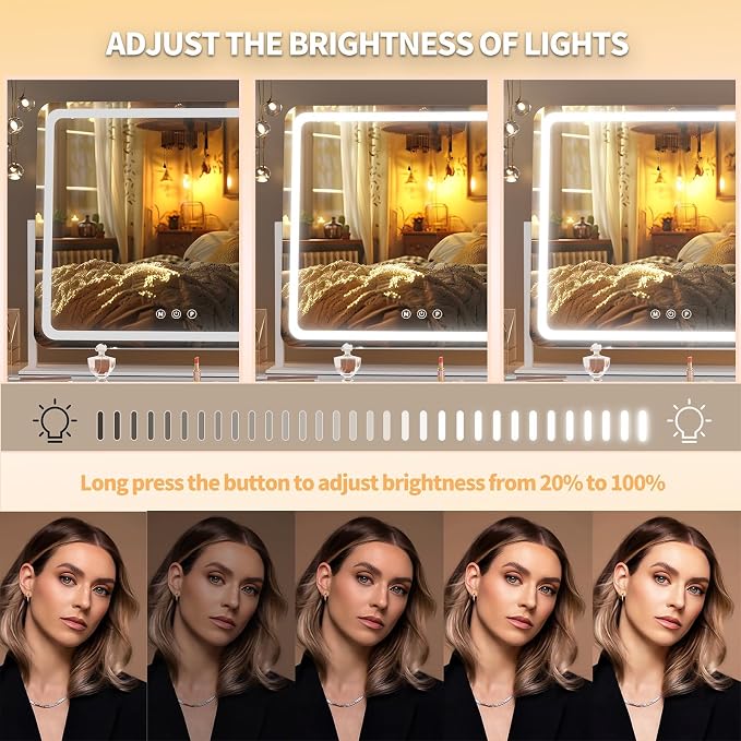 Hasipu Vanity Mirror with Lights, 34.3" x 25.2" LED Makeup Mirror, Light up Mirror with 10X Magnification and Phone Holder, USB Charging Port, Smart Touch 3 Colors Dimmable (White)