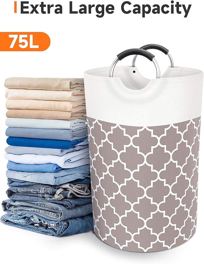 Large Laundry Basket, 75L Tall Collapsible Hamper with Handles, Khaki | Freestanding Laundry Hamper, Waterproof Dirty Clothes Storage Bag for College, Bathroom, Foldable Washing Bin for Travel