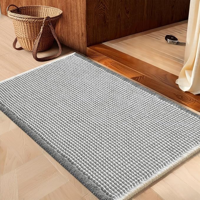 Waffle Bath Mat Darkgrey & Cream 36"x24", Boho Woven Modern Bath Mat Rugs, Absorbent Non Slip Bathroom Rugs, Soft Washable Bath Rugs with Tassels for Bedroom, Kitchen, Shower, Tub
