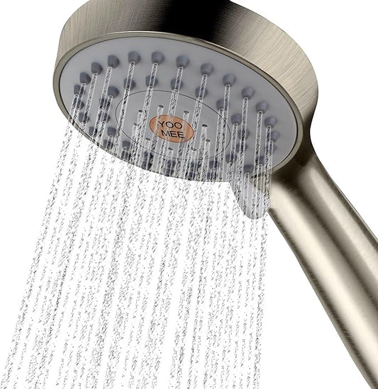YOO.MEE High Pressure Handheld Shower Head, Power Boost Resists Low Flow | Against weak pressure, pulsating for deep rinsing, with 79 inch stainless steel hose, rotatable mount arm, brushed nickel