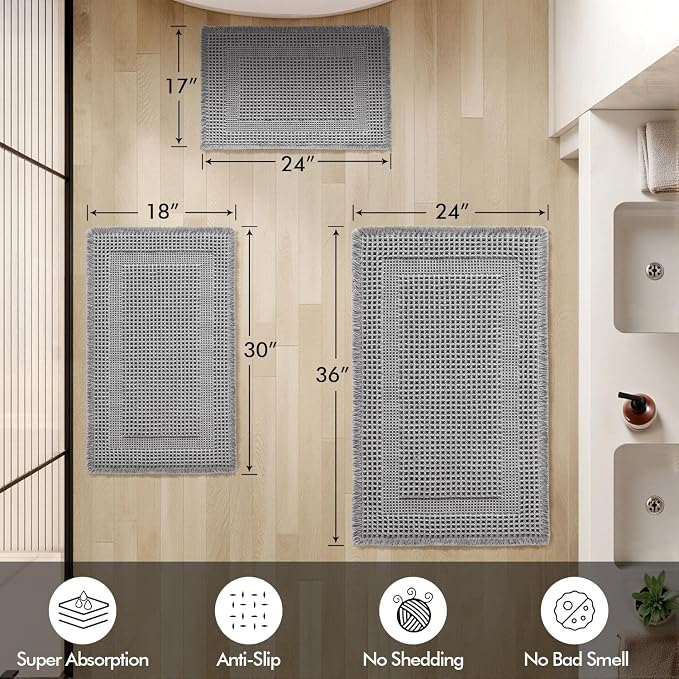 MIULEE Set of 2 Waffle Bathroom Rugs Light Grey Boho Bath Mat 17x24+18x30 | Looped Design, Super Absorbent, Non Slip, Washable, Ultra Soft, Rubber Backed, Bathroom Mats for Floor Tub Shower