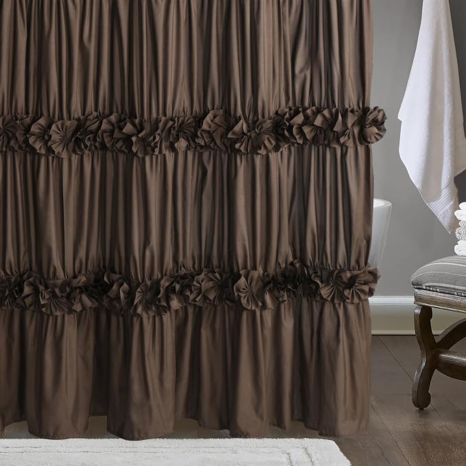 Victorian Chocolate Ruffle Shower Curtain 72" W x 72" H | Vintage Handcrafted Bow Tie Bath Curtain for Master Bathroom, Ruched Microfiber Bathroom Curtain with 12 Buttonholes (LQ-10)