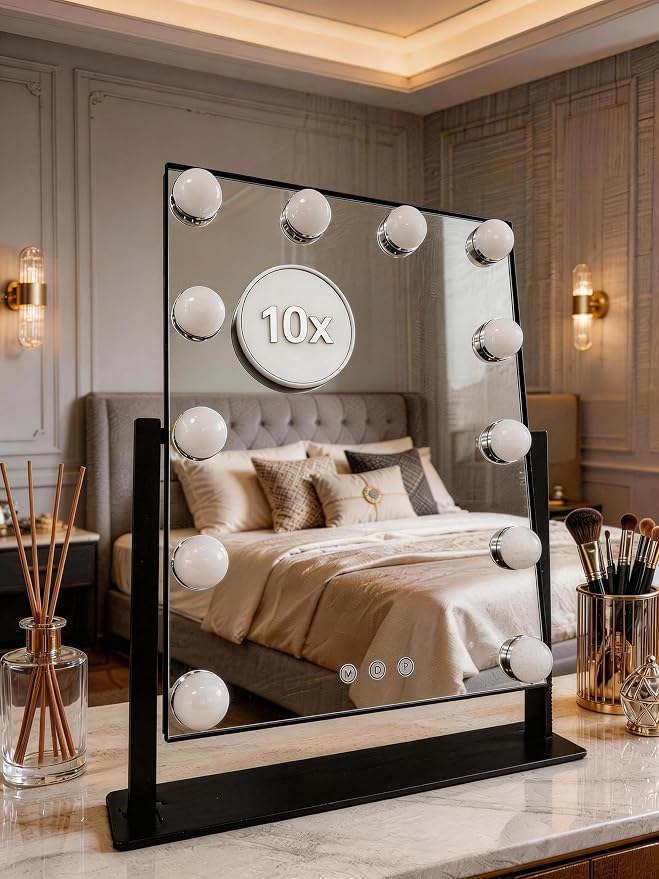 Makeup Vanity Mirror with Lights,10X, Black 17.12"x13.77" | Vanity Mirror with Detachable 10X Magnification Mirror, Rechargeable, 3 Color Lights,Touch Control, 360‑Degree Swivel