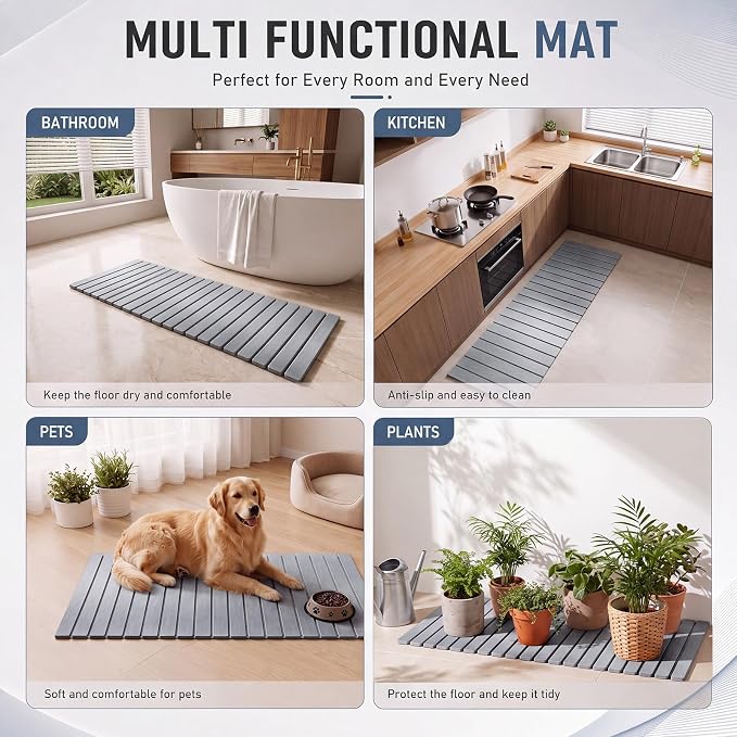 2 Pack Extra Large Foldable Stone Bath Mats Set, 47"x15.4" and 23.6"x15.4" Diatomaceous Earth Bath Mat with Non Slip Rubber Base Quick Dry Bathroom Shower Mat Light Grey for Bathroom