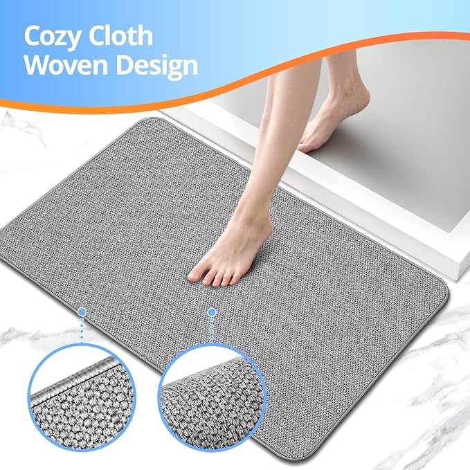 Upgraded Bath Mat 24x48Inch, Thin Bath Mats Rugs with Rubber Backing Non-Slip, Absorbent,Quick Dry Machine Washable, Home Decor Accessories Cozy Cloth Bathroom Rugs fit Under Door/Sink/Tub/Shower-Gray