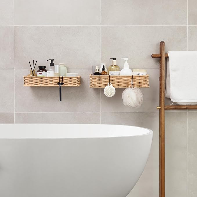 GRANNY SAYS Shower Caddy Hanging, Shower Shelf for Inside Showers, 2 Pack | Waterproof Bathroom Shelves for Showers, Shower Shelves for Organization and Storage, Wicker Adhesive Shelf, Natural