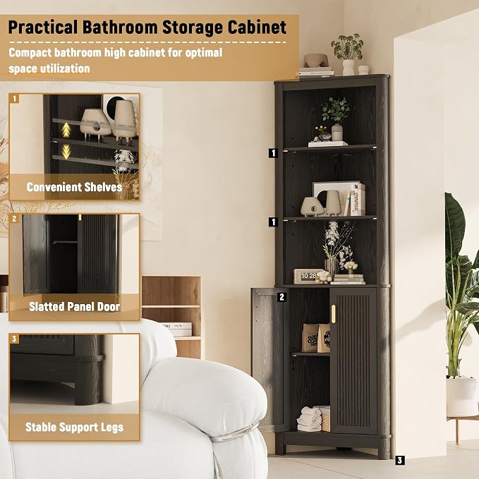 69" Tall Corner Shelf with Doors, 6-Tier Corner Storage Cabinet with Doors, Space Saver Shelf for Bathroom, Bathroom Floor Cabinet for Living Room Kitchen, Hallway