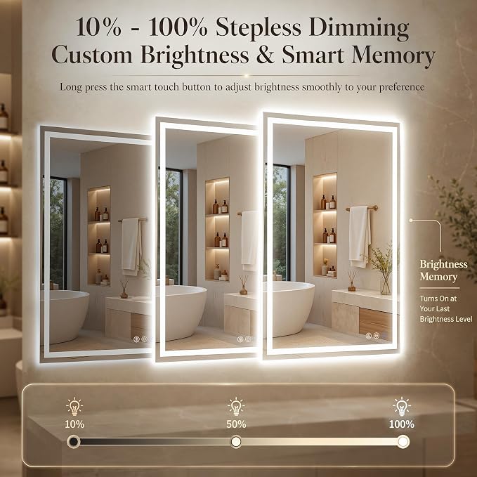 LED Bathroom Mirror, 30"x36" with Frontlit and Backlit Anti-Fog Mirror with Lights LED Vanity Mirror for Bathroom 3 Colors Temperature & Dimmable Bathroom Mirror with HD Tempered Glass