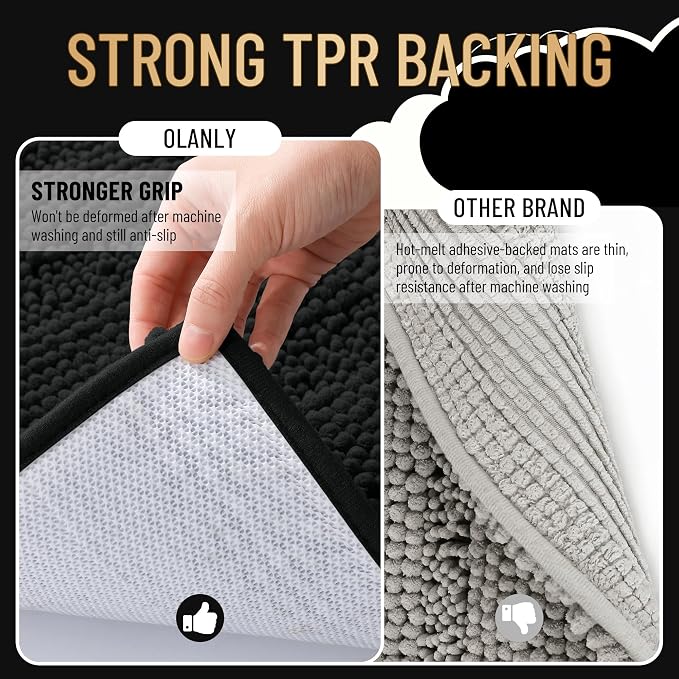 OLANLY Thick Toilet Rugs U-Shaped 24x20, Soft Chenille Bath Mat, Black | Extra Absorbent Striped Contour Bathroom Rugs for Toilet, Dry Quickly, Machine Washable, Non-Slip