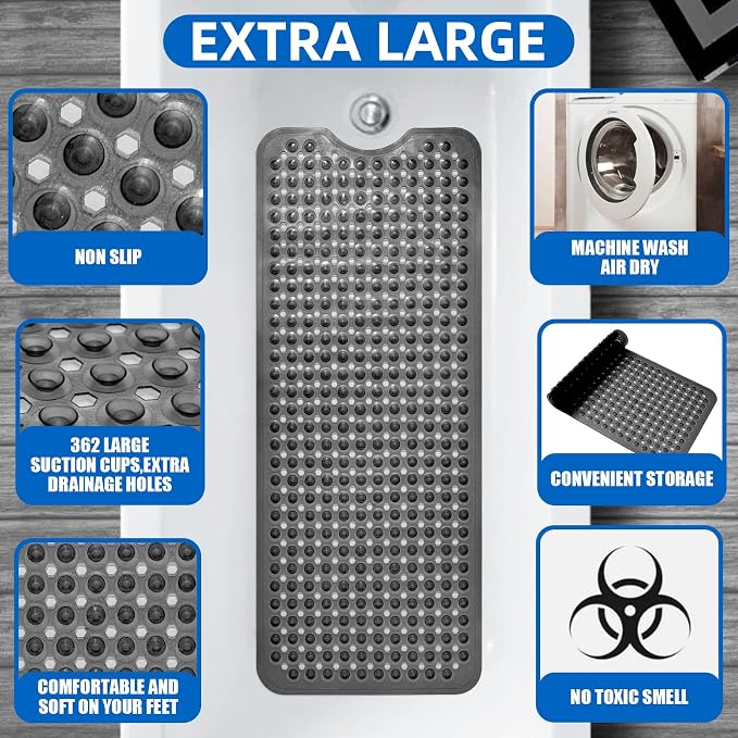 MOONFLY Shower and Bathtub Mat, 40x16 Inches, Translucent Black | Extra Long Non Slip Mats with Suction Cups,Drain Holes, Machine Washable ,Anti Slip Bathmats, Bathroom Mats for Tub Nonslip