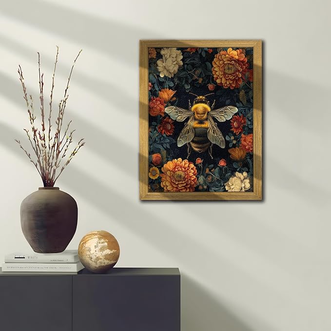 Framed Hand Drawn Sandstone Bee Wall Art, 3D Textured Nature Botanical Wall Decor Pictures, Dark College Vintage Flowers Print Painting for Living Room Bedroom Kitchen Home Decor 12x16inch